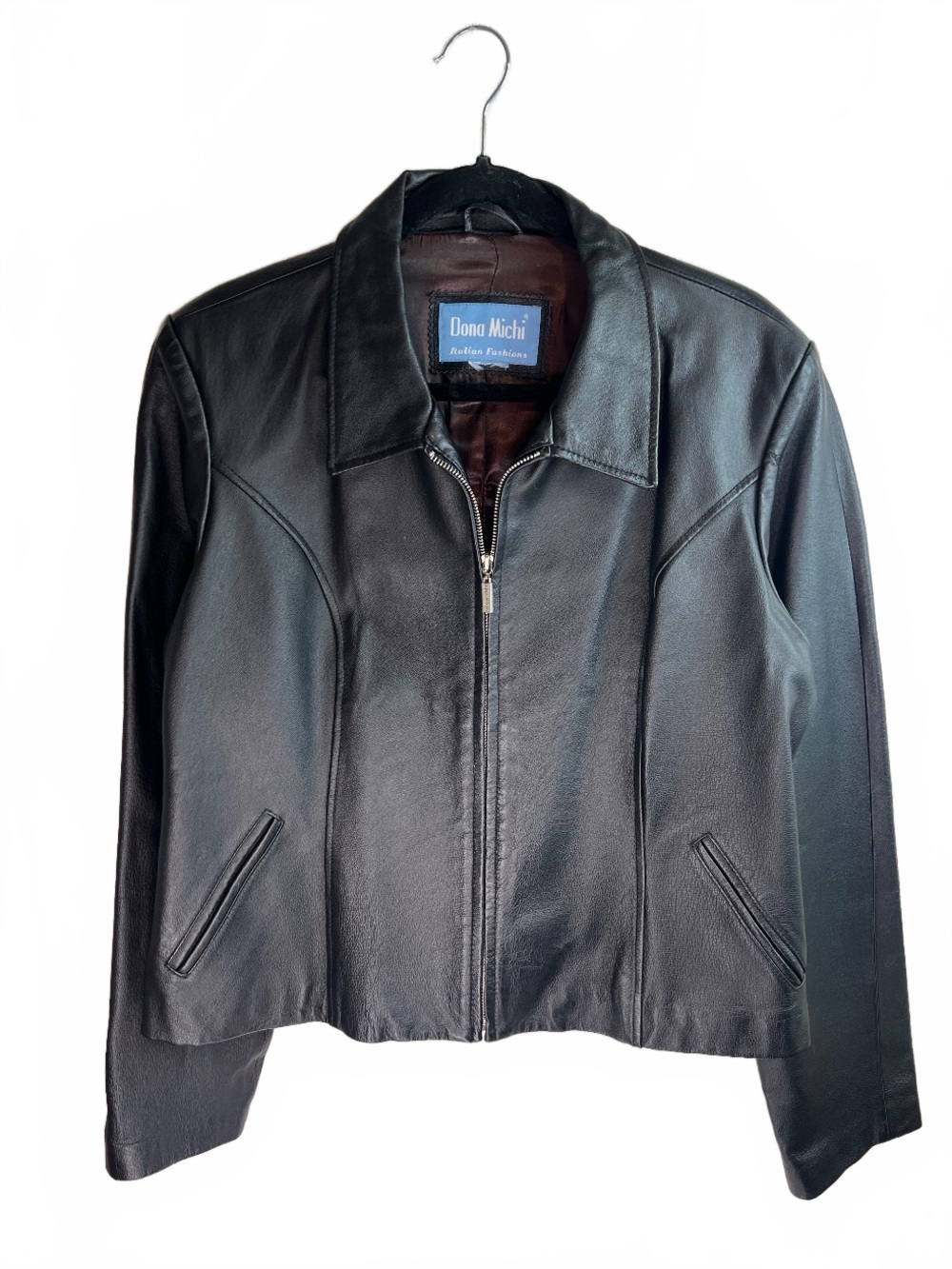 Vintage Dona Michi Leather Moto Jacket Black Cropped Motorcycle Jacket Size L - Picture 2 of 8